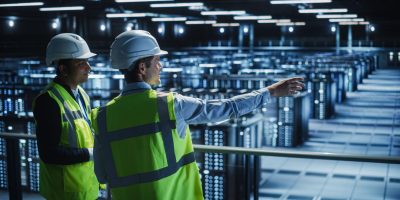 Les professionnels d'une entreprise de maintenance informatique inspectent un data center