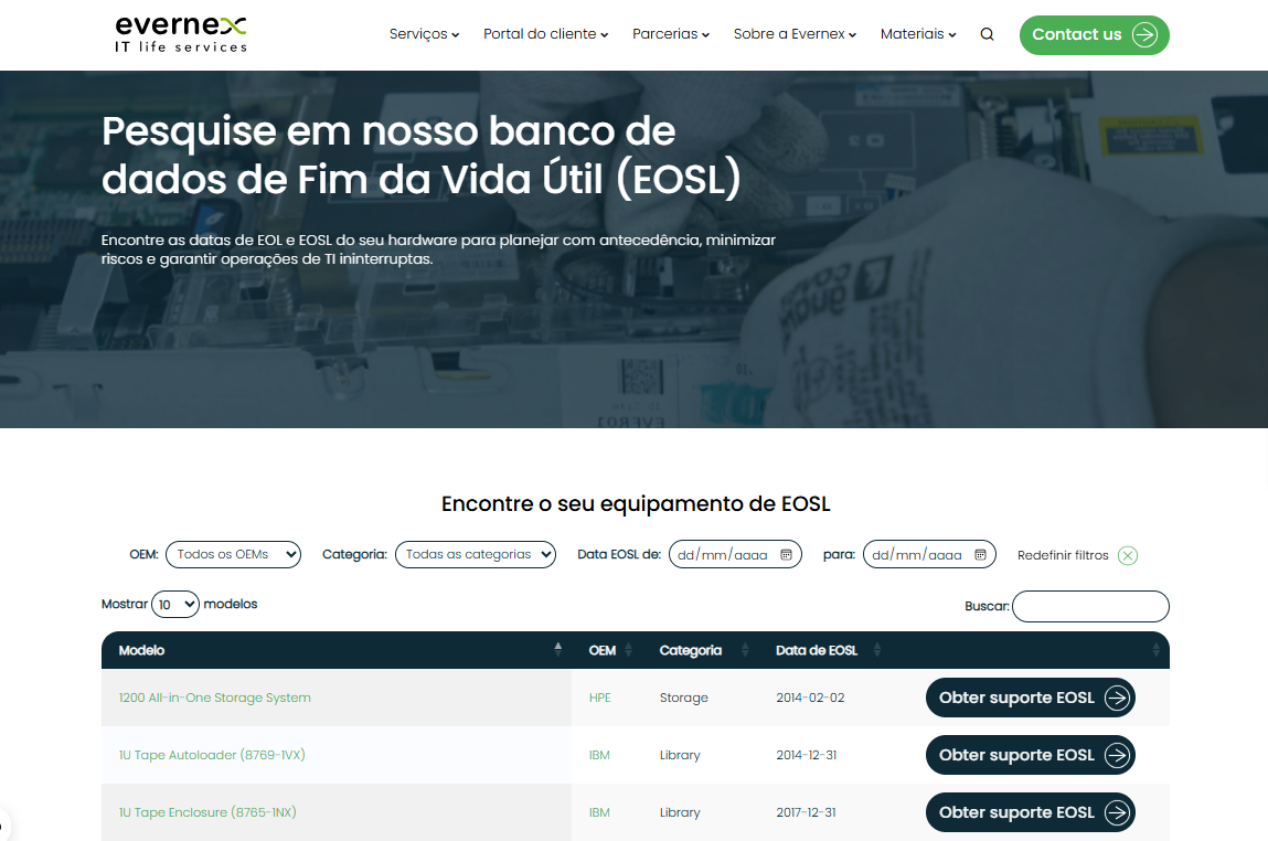 Banco de dados EOSL da Evernex
